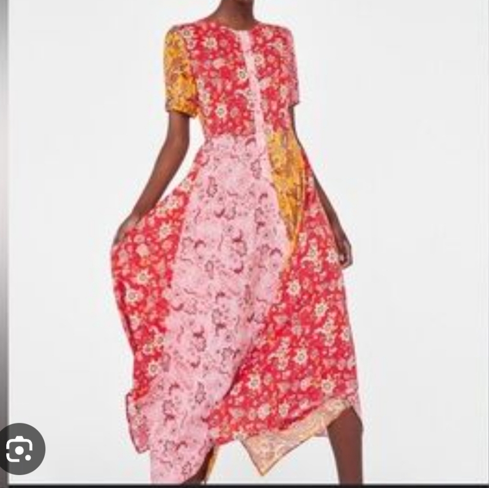 Zara Asymmetrical Pink and Orange Midi Sundress
